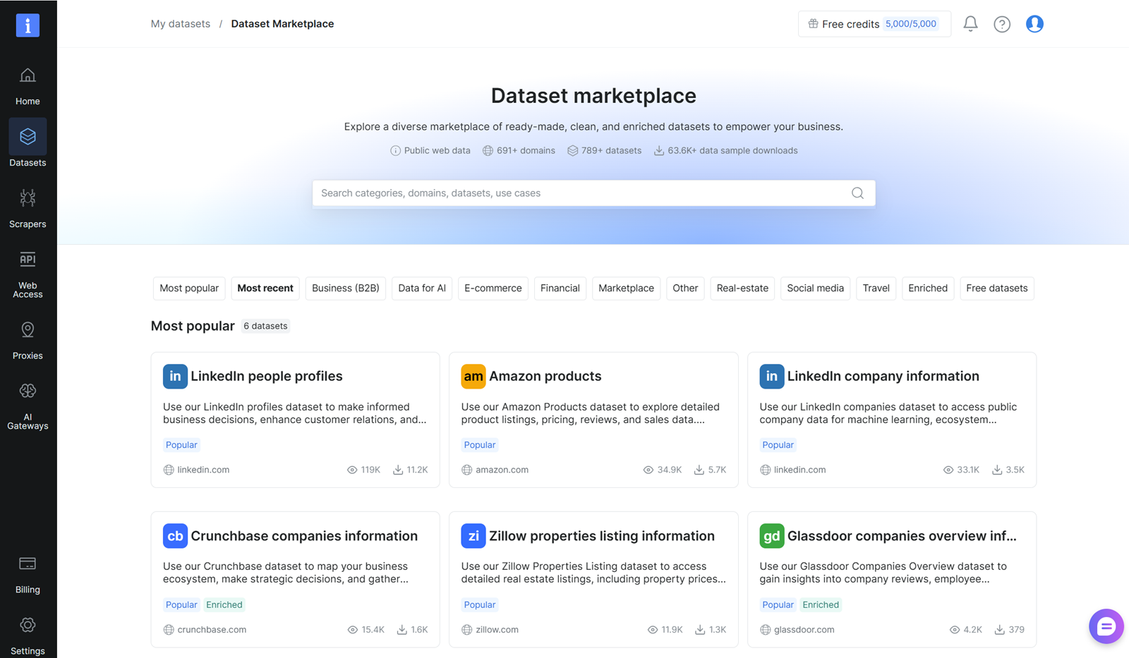 Screenshot of Bright Data marketplace